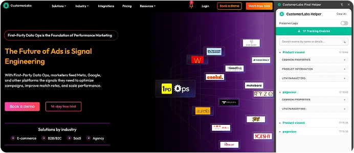 Tealium Alternatives Based on Industry and Use Case for SMBs 9 the image shows the customerlabs helper extension that tell exactly what are the evets are being tracked on the browser side, which is easy to trouble shoot